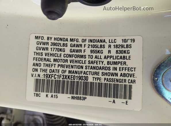 19XFC1F3XKE019030 2019 HONDA CIVIC White 
