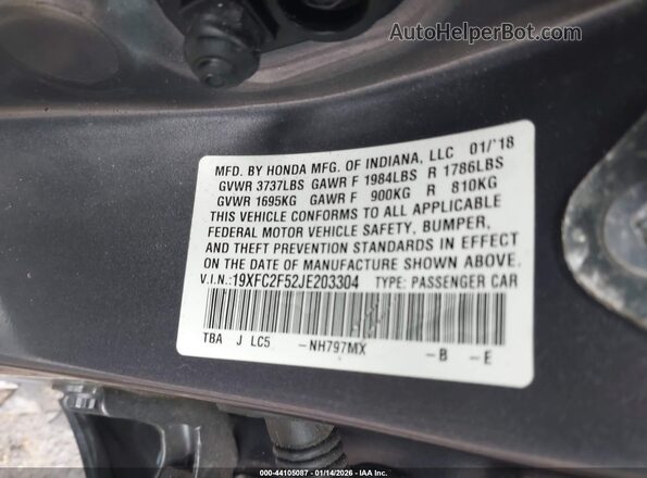 19XFC2F52JE203304 2018 HONDA CIVIC Серый Вид подкапотного пространства