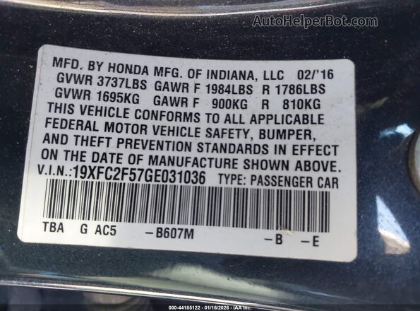 19XFC2F57GE031036 2016 HONDA CIVIC Dark Blue Widok komory silnika