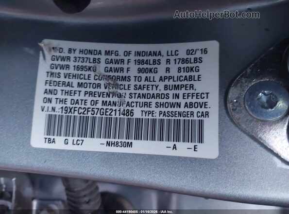 19XFC2F57GE211486 2016 HONDA CIVIC Silver 