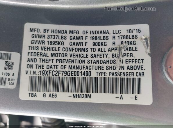 19XFC2F79GE001490 2016 HONDA CIVIC Silver Շարժիչի բաժամունքի տեսք