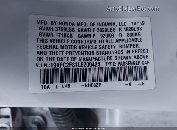 19XFC2F81LE200424 2020 HONDA CIVIC White Widok komory silnika