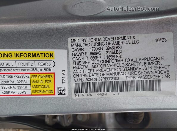 19XFL2H52RE008103 2024 HONDA CIVIC Silver Շարժիչի բաժամունքի տեսք