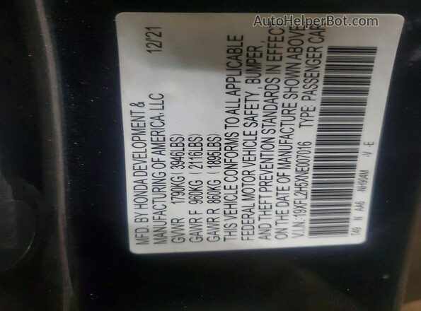19XFL2H5XNE007016 2022 HONDA CIVIC Gray Вид підкапотного простору