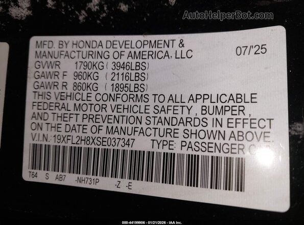19XFL2H8XSE037347 2025 HONDA CIVIC Black Vista del compartimento del motor