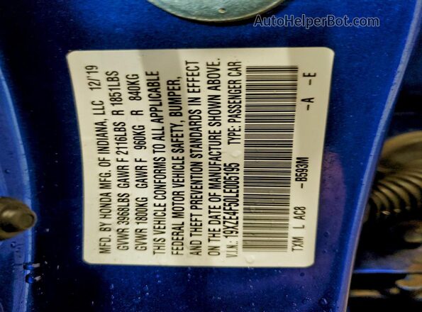 19XZE4F50LE005195 2020 HONDA INSIGHT Blue ძრავის განყოფილების ხედი