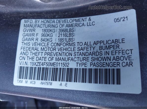 19XZE4F50ME011502 2021 HONDA INSIGHT Серый Вид подкапотного пространства