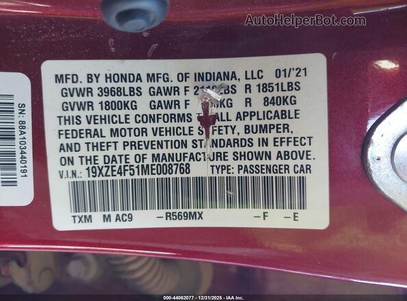 19XZE4F51ME008768 2021 HONDA INSIGHT Red Widok komory silnika