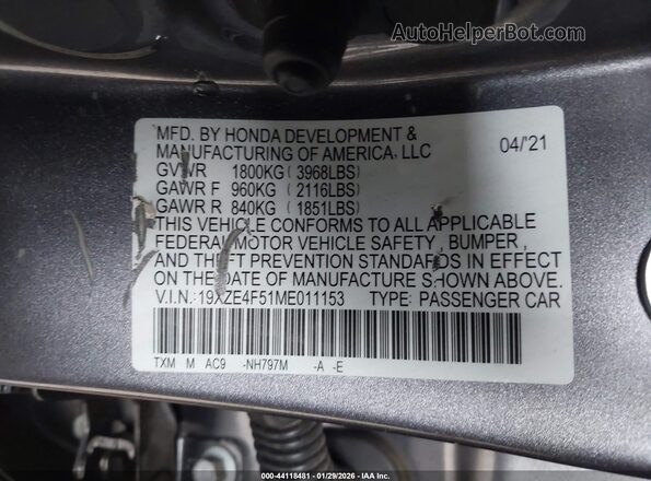 19XZE4F51ME011153 2021 HONDA INSIGHT Gray ძრავის განყოფილების ხედი