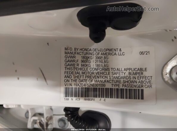 19XZE4F52NE001099 2022 HONDA INSIGHT White Вид підкапотного простору