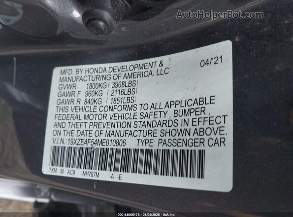 19XZE4F54ME010806 2021 HONDA INSIGHT Gray Հետևի նստատեղերի տեսք