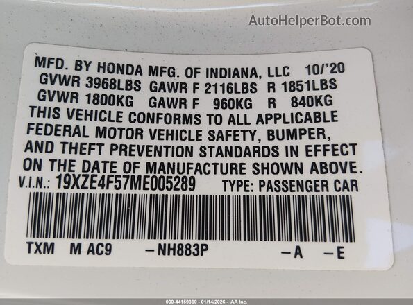 19XZE4F57ME005289 2021 HONDA INSIGHT Белый Вид подкапотного пространства