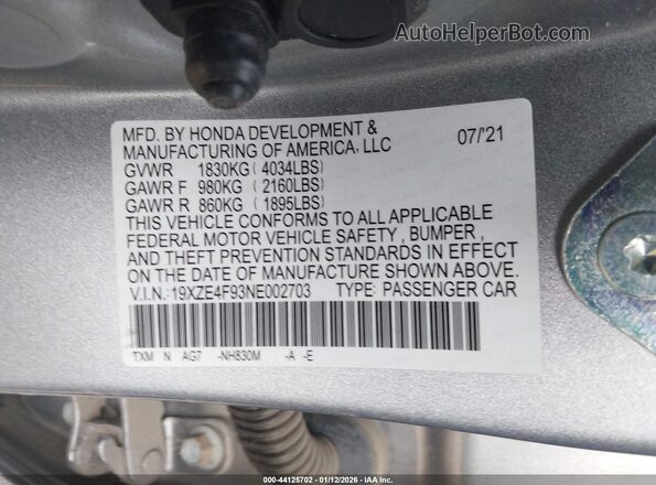 19XZE4F93NE002703 2022 HONDA INSIGHT Silver Вид підкапотного простору