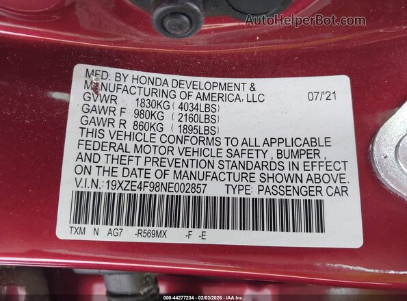 19XZE4F98NE002857 2022 HONDA INSIGHT Red Вид підкапотного простору