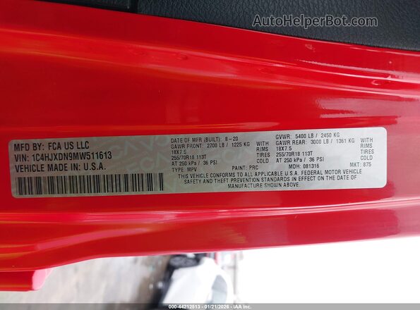 1C4HJXDN9MW511613 2021 JEEP WRANGLER UNLIMITED Red Շարժիչի բաժամունքի տեսք