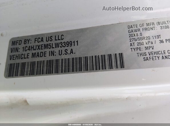 1C4HJXEM5LW339911 2020 JEEP WRANGLER UNLIMITED White Widok komory silnika