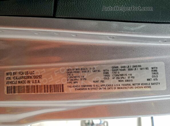1C4JJXR63MW700292 2021 JEEP WRANGLER Silver VIN sticker view