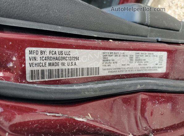 1C4RDHAG0RC137294 2024 DODGE DURANGO Красный Вид наклейки с VIN-кодом