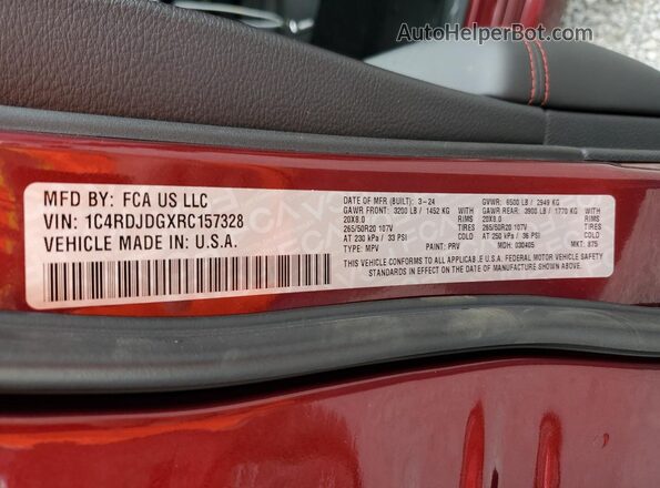 1C4RDJDGXRC157328 2024 DODGE DURANGO Burgundy Vista interior de 360 grados