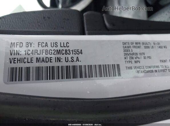 1C4RJFBG2MC831554 2021 JEEP GRAND CHEROKEE Белый 