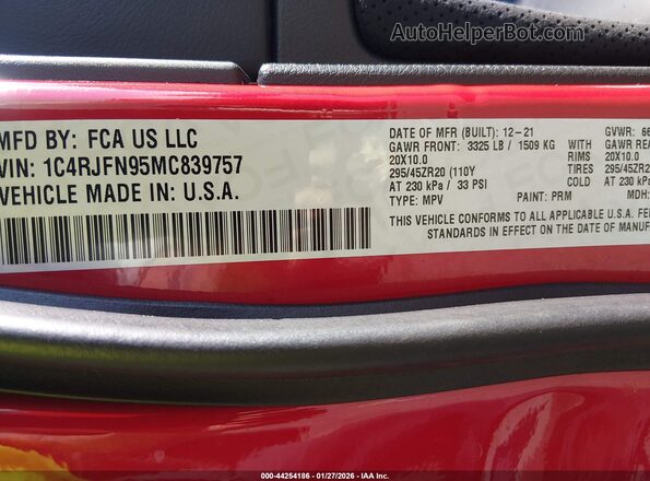 1C4RJFN95MC839757 2021 JEEP GRAND CHEROKEE Красный Вид подкапотного пространства