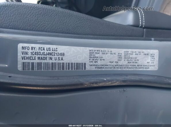 1C4SDJGJ4NC212469 2022 DODGE DURANGO Gray ძრავის განყოფილების ხედი