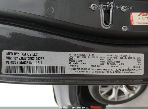 1C4SJUBT3NS144237 2022 JEEP WAGONEER Серый Вид подкапотного пространства