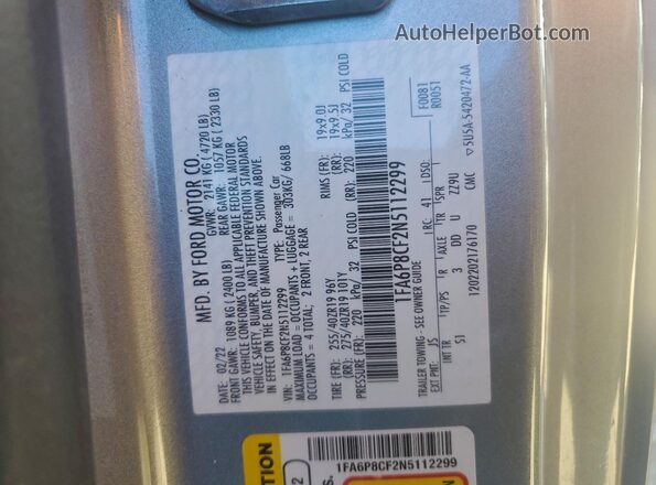1FA6P8CF2N5112299 2022 FORD MUSTANG Silver Widok naklejki z numerem VIN