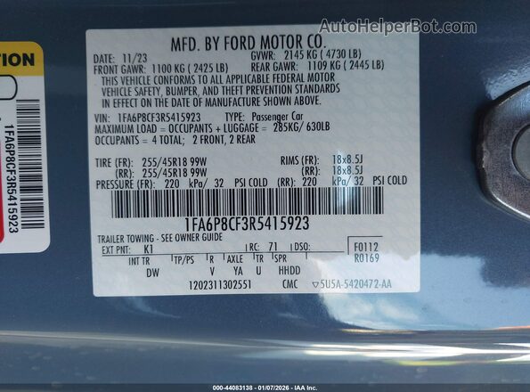 1FA6P8CF3R5415923 2024 FORD MUSTANG Light Blue Вид подкапотного пространства