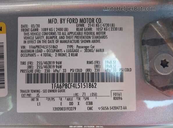 1FA6P8CF4L5151862 2020 FORD MUSTANG Silver Вид підкапотного простору