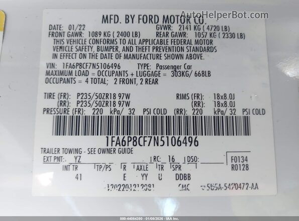 1FA6P8CF7N5106496 2022 FORD MUSTANG White Вид підкапотного простору