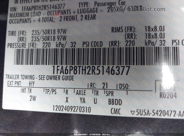 1FA6P8TH2R5146377 2024 FORD MUSTANG Black Շարժիչի բաժամունքի տեսք