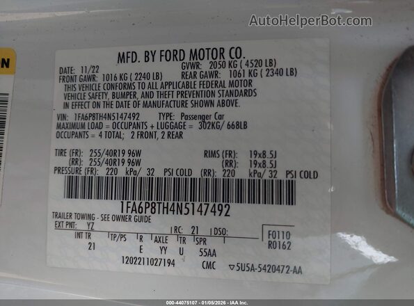 1FA6P8TH4N5147492 2022 FORD MUSTANG White Вид підкапотного простору