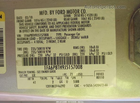 1FA6P8TH9J5157008 2018 FORD MUSTANG Silver 