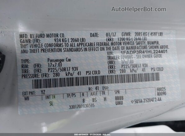 1FADP3R41HL224401 2017 FORD FOCUS ELECTRIC Белый Вид подкапотного пространства