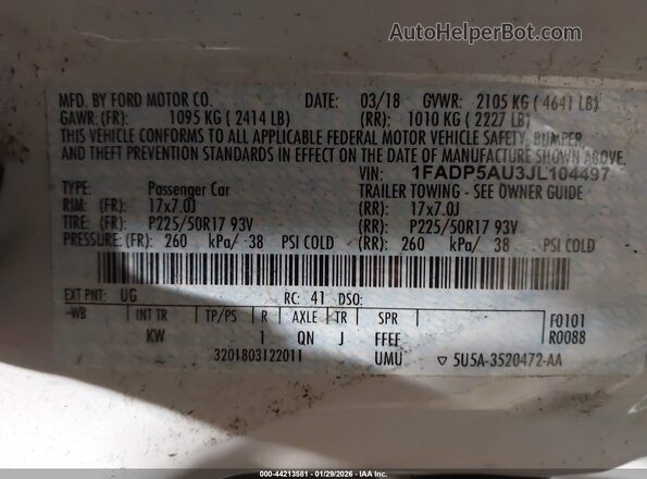 1FADP5AU3JL104497 2018 FORD C-MAX HYBRID White Widok komory silnika
