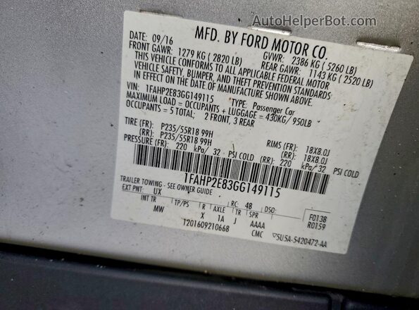 1FAHP2E83GG149115 2016 FORD TAURUS Silver Widok komory silnika
