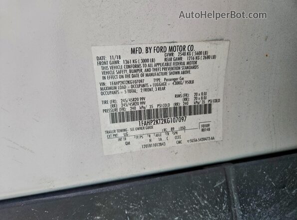 1FAHP2KT2KG107097 2019 FORD TAURUS White Շարժիչի բաժամունքի տեսք
