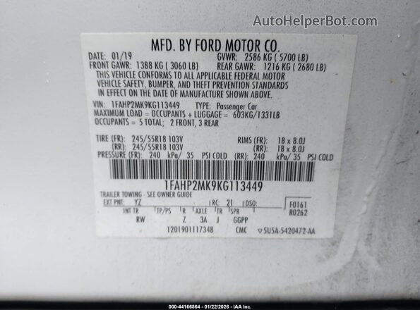 1FAHP2MK9KG113449 2019 FORD POLICE INTERCEPTOR White Vista del compartimento del motor