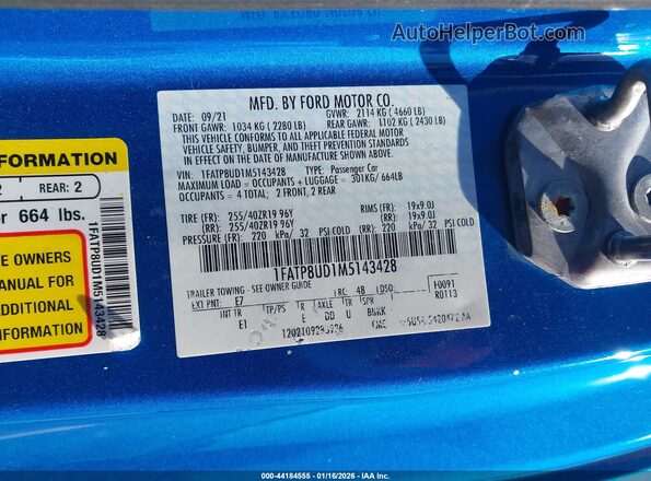 1FATP8UD1M5143428 2021 FORD MUSTANG Blue ძრავის განყოფილების ხედი