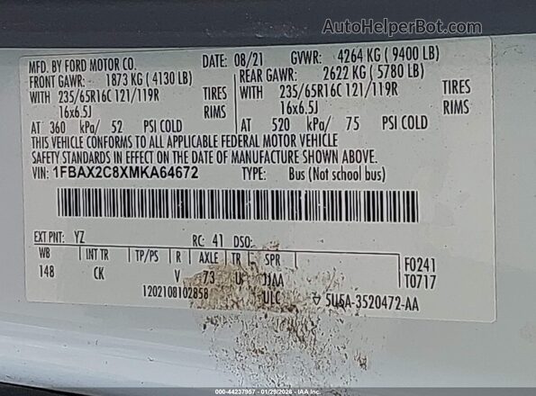 1FBAX2C8XMKA64672 2021 FORD PASSENGER White Engine compartment view