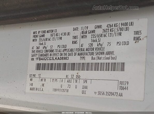 1FBAX2CG3LKA08983 2020 FORD PASSENGER Белый Вид подкапотного пространства