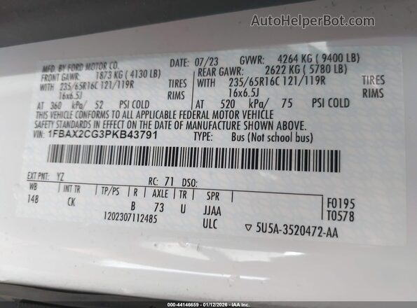 1FBAX2CG3PKB43791 2023 FORD PASSENGER White ძრავის განყოფილების ხედი