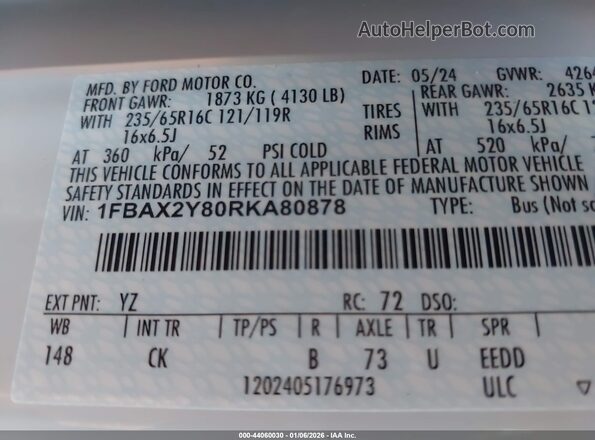 1FBAX2Y80RKA80878 2024 FORD PASSENGER White Widok komory silnika