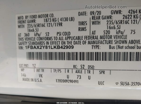 1FBAX2Y81LKB42909 2020 FORD PASSENGER White 