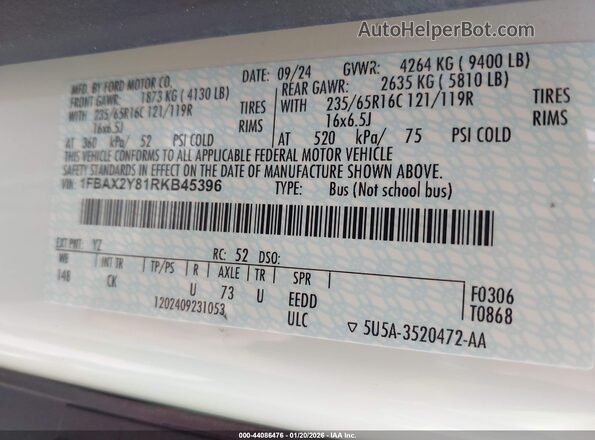 1FBAX2Y81RKB45396 2024 FORD PASSENGER White Շարժիչի բաժամունքի տեսք