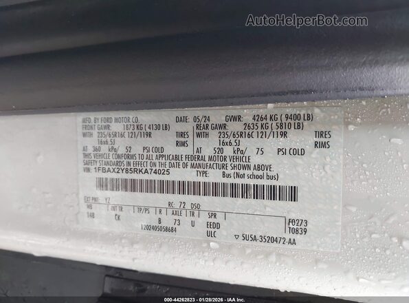 1FBAX2Y85RKA74025 2024 FORD PASSENGER White Շարժիչի բաժամունքի տեսք