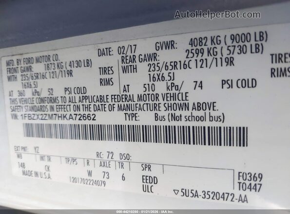 1FBZX2ZM7HKA72662 2017 FORD TRANSIT-350 White 