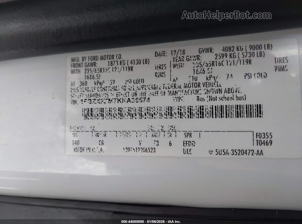 1FBZX2ZM7KKA36574 2019 FORD TRANSIT-350 White Vista del compartimento del motor