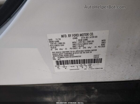 1FM5K7D81KGA40232 2019 FORD FORD EXPLORER White 